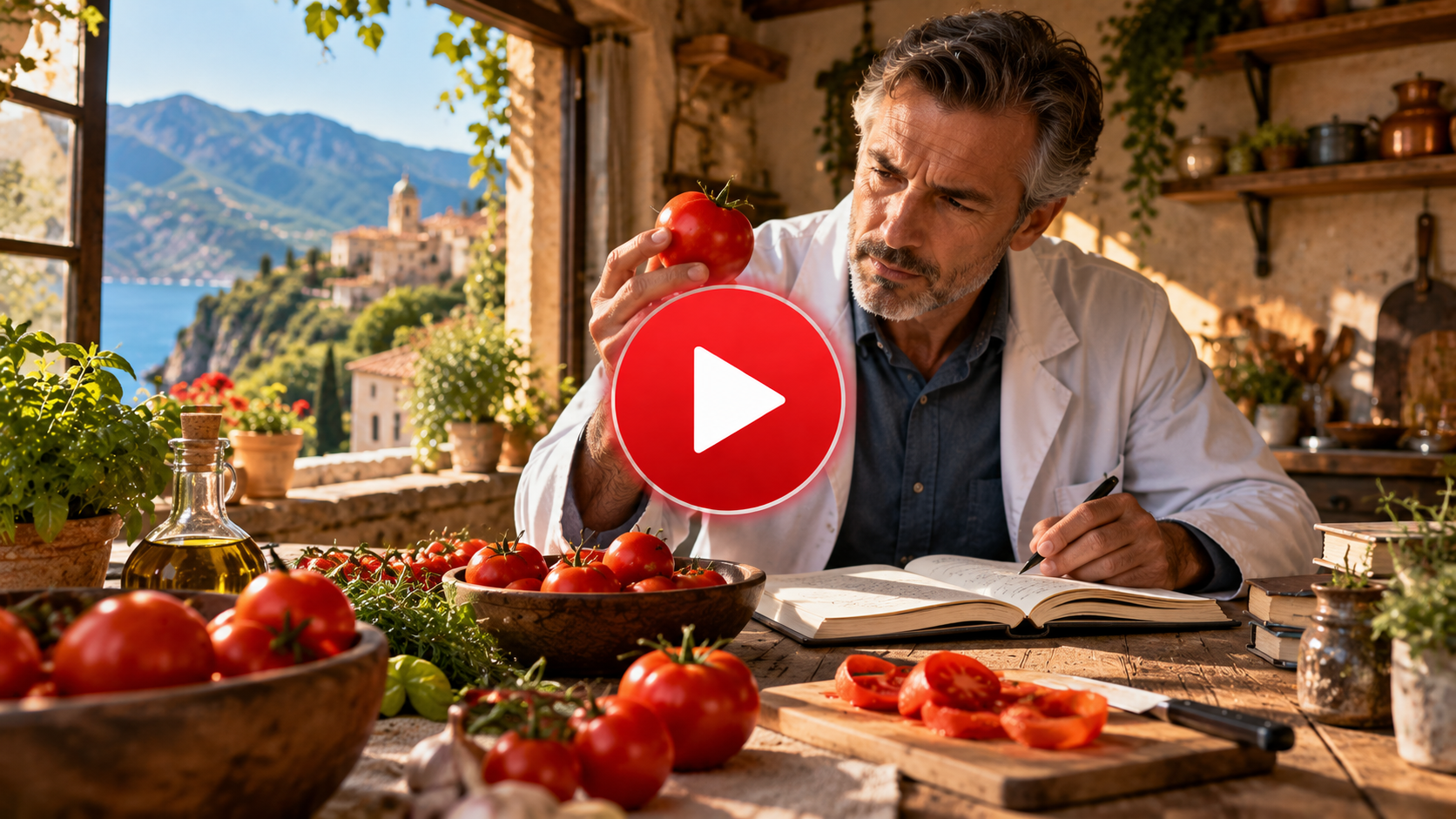 Researcher examining tomatoes in a rustic Italian kitchen